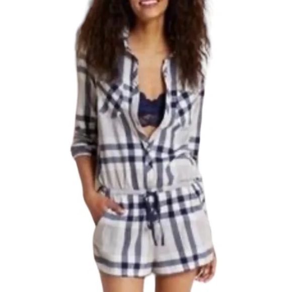 aerie Other - Aerie Comfy Cozy Button Down Long Sleeve Plaid Flannel Pj Pajama Romper Blue